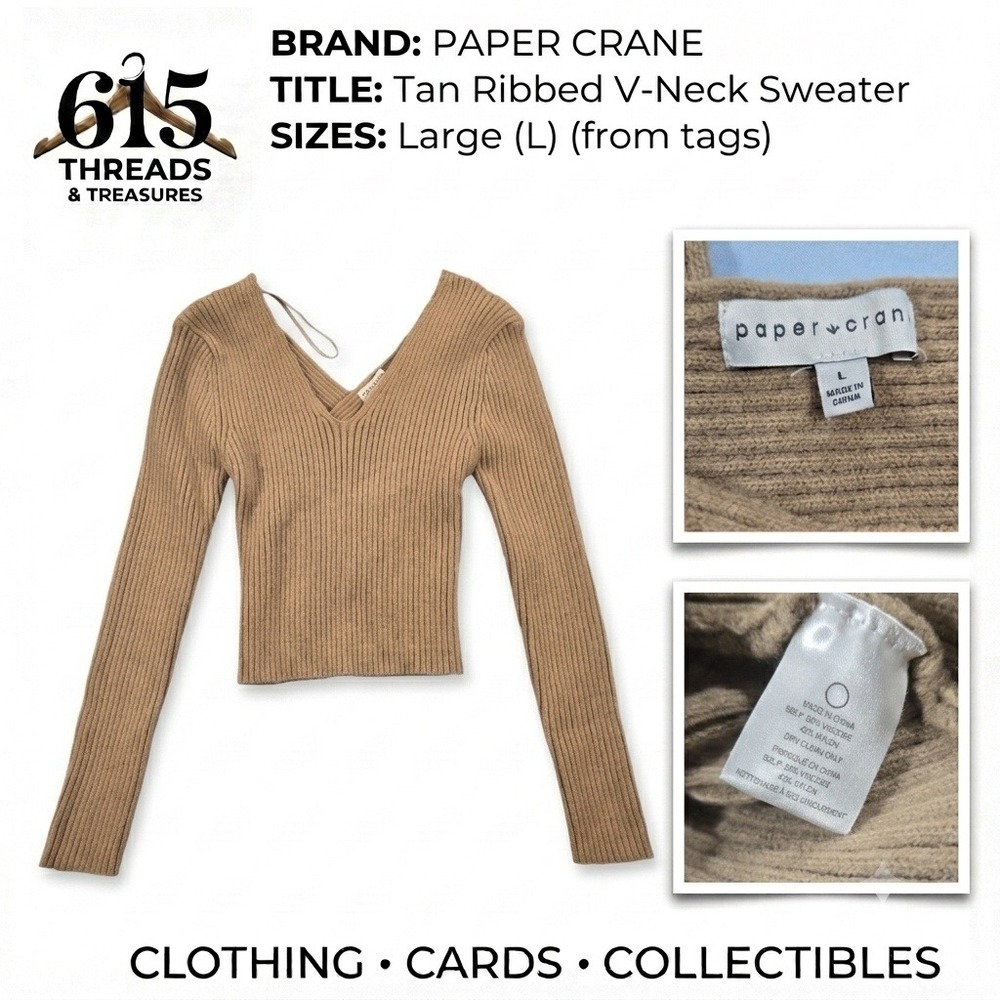 Paper Crane Womens Tan Ribbed V-Neck Surplice Back Long Sleeve Sweater Large